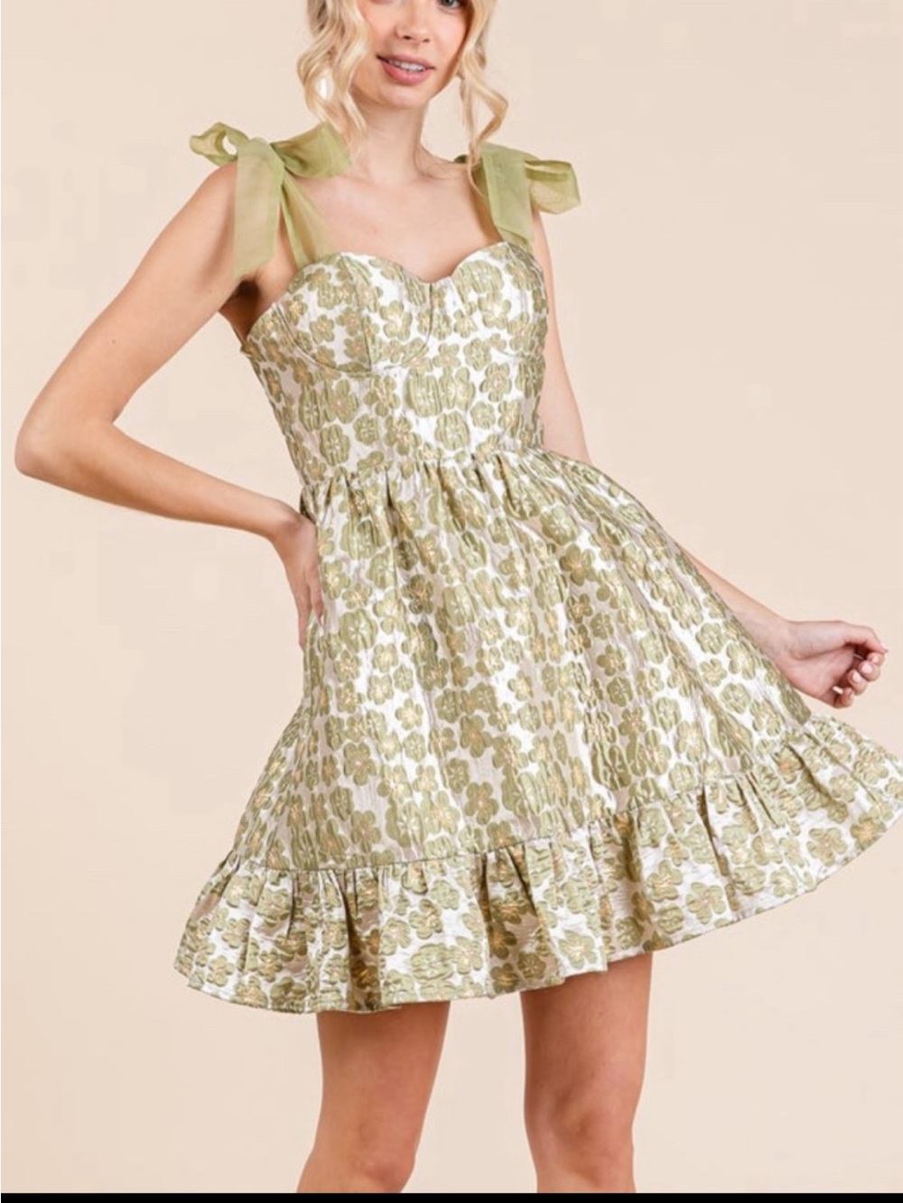 LOVELO Floral Jacquard Tiered Mini Sundress Sage Green/Gold Size Medium NWT